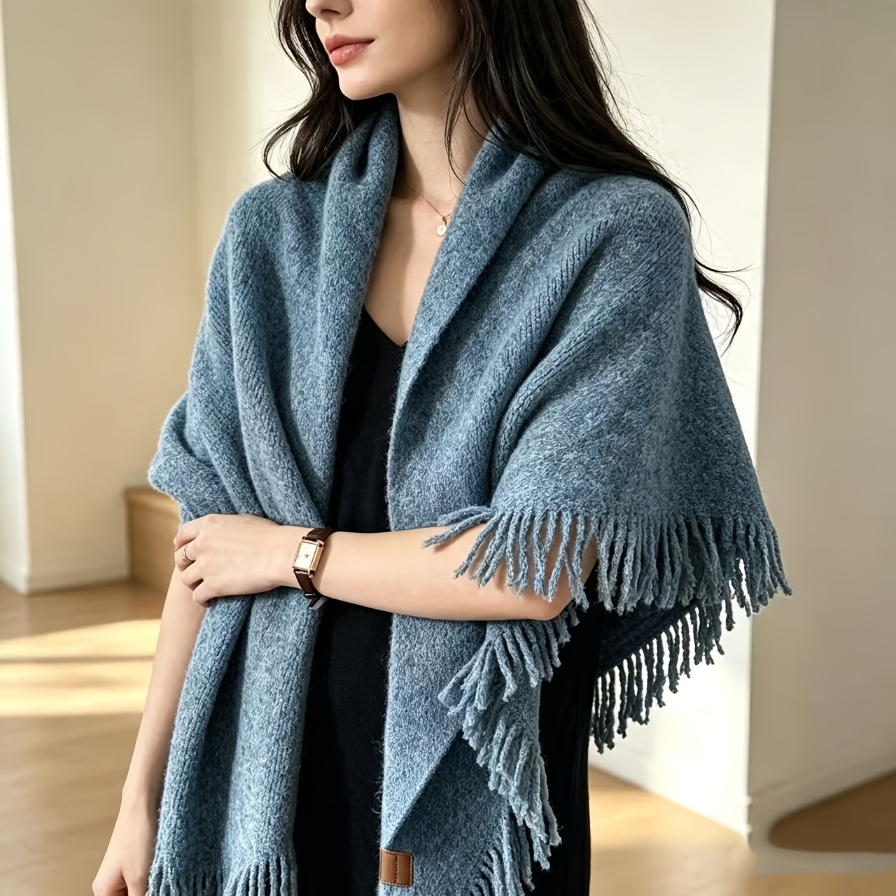 Fringed Triangle Shawl, Solid Color Scarf for Autumn/Winter